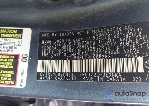 2017 Toyota Corolla Le z USA, uszkodzony, nr VIN 2T1BURHE8HC882831